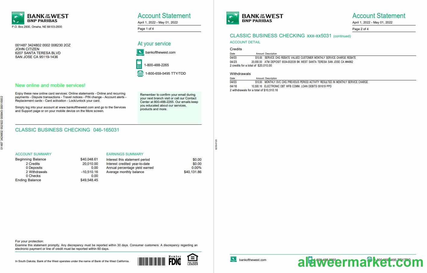 France BNP bank statement 4 pages